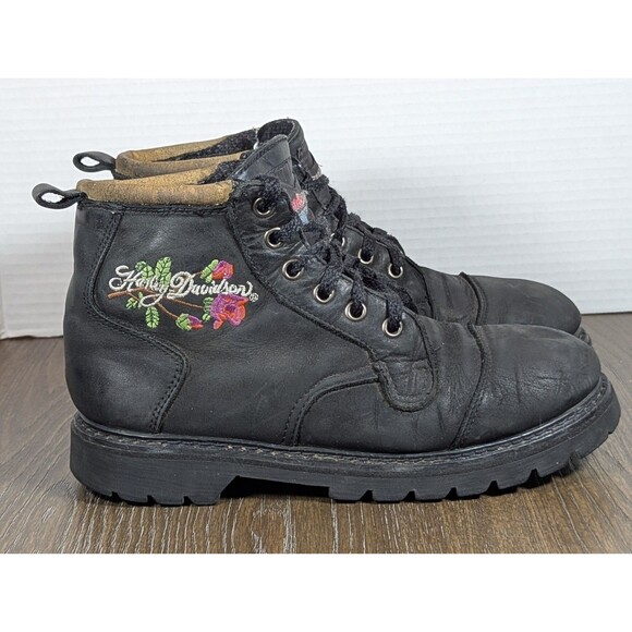 VTG HARLEY DAVIDSON Leather Motorcycle Boots Womens 7 Black Embroidered Rose - Picture 9 of 15